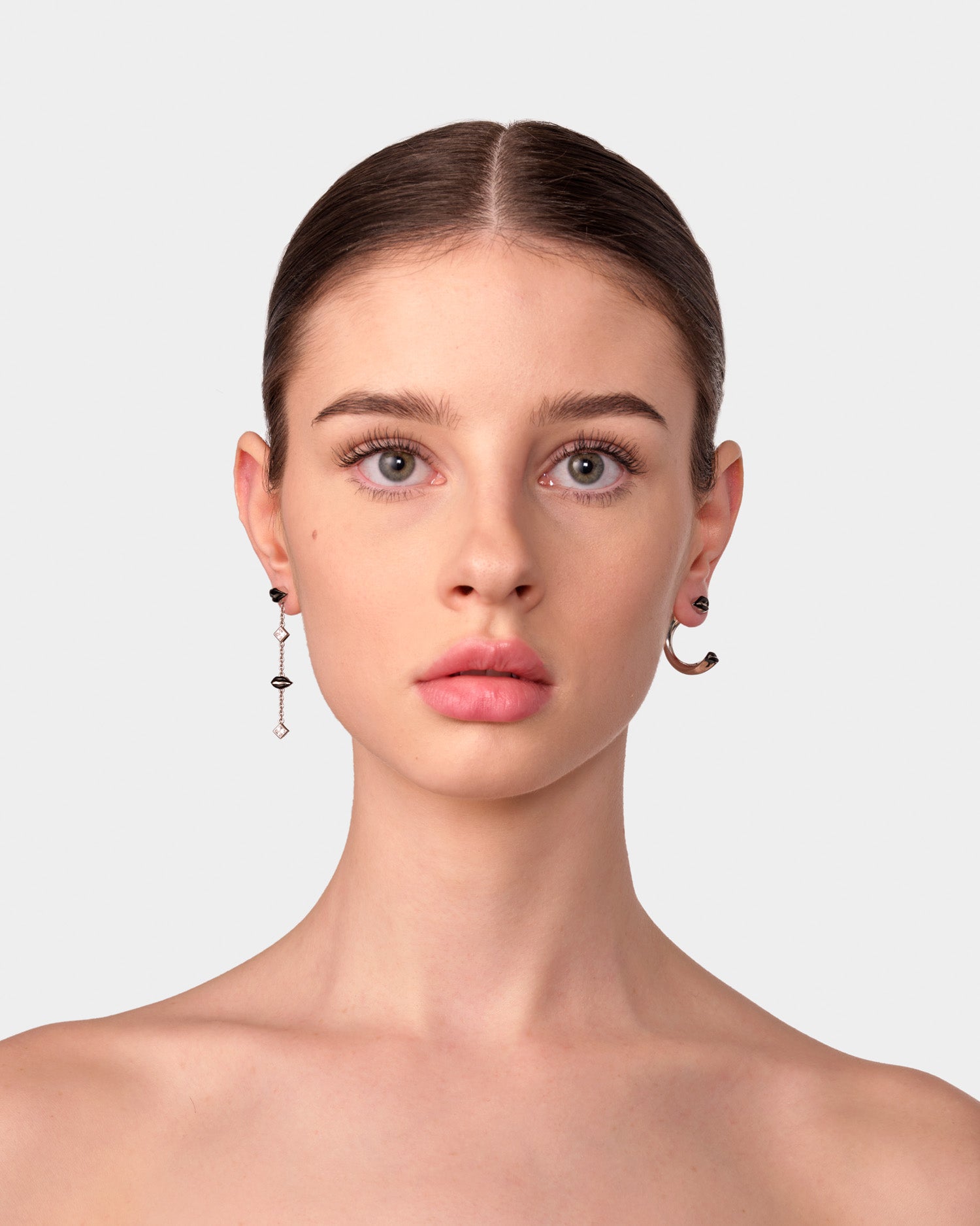 Silver Opaque Black Asymmetrical Kiss Earrings