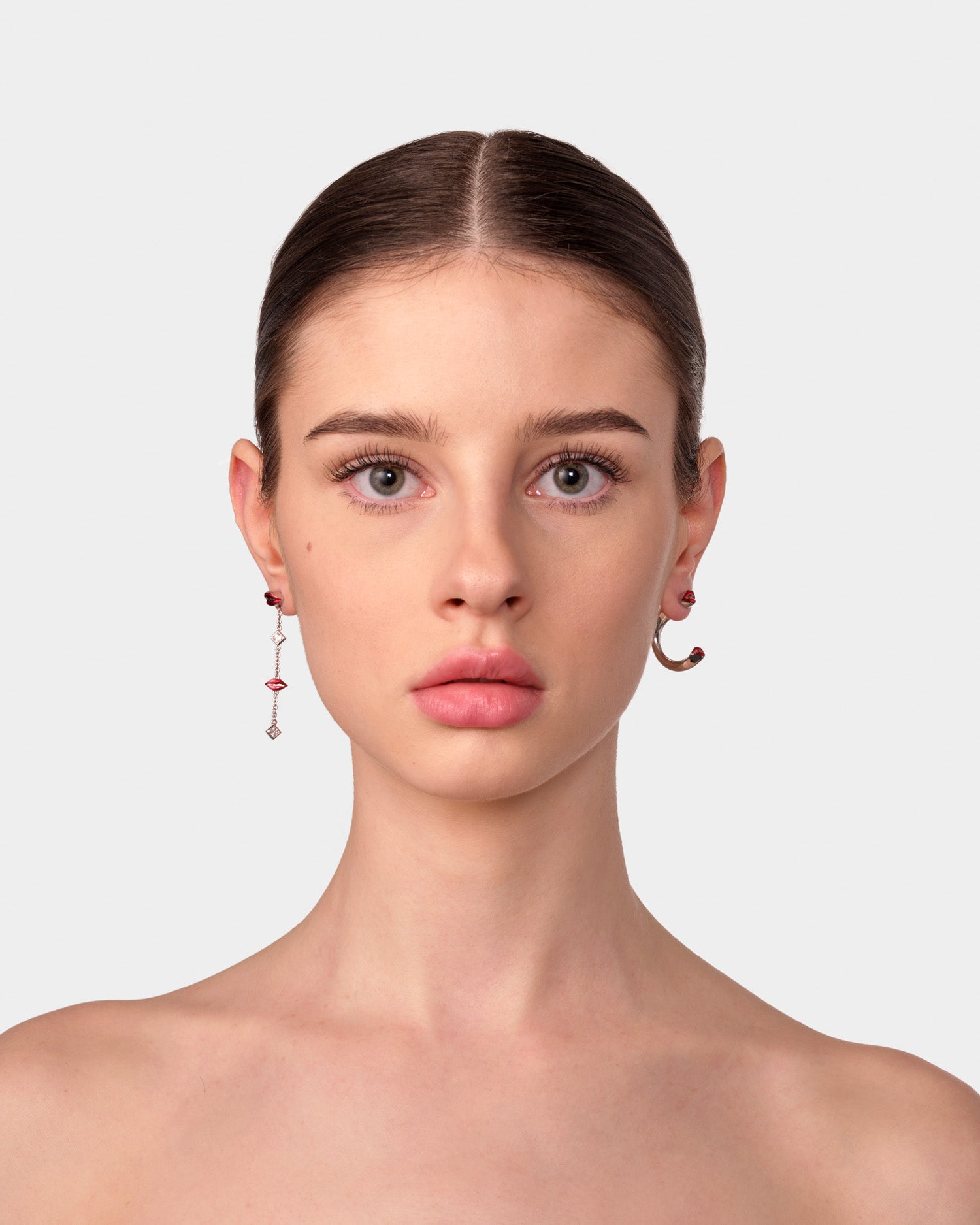 Silver Translucent Red Asymmetrical Kiss Earrings