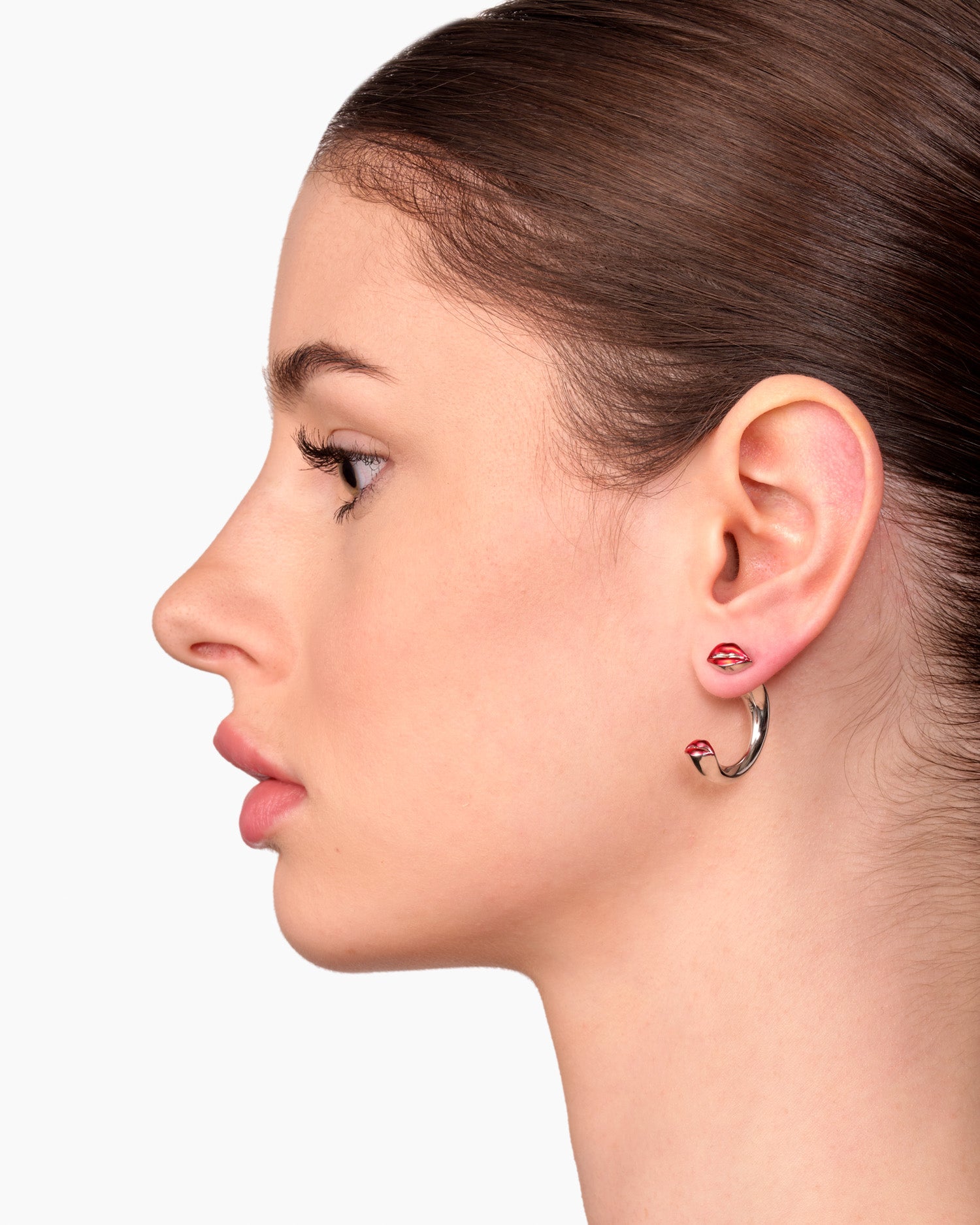 Silver Translucent Red Kiss Hoop Earrings