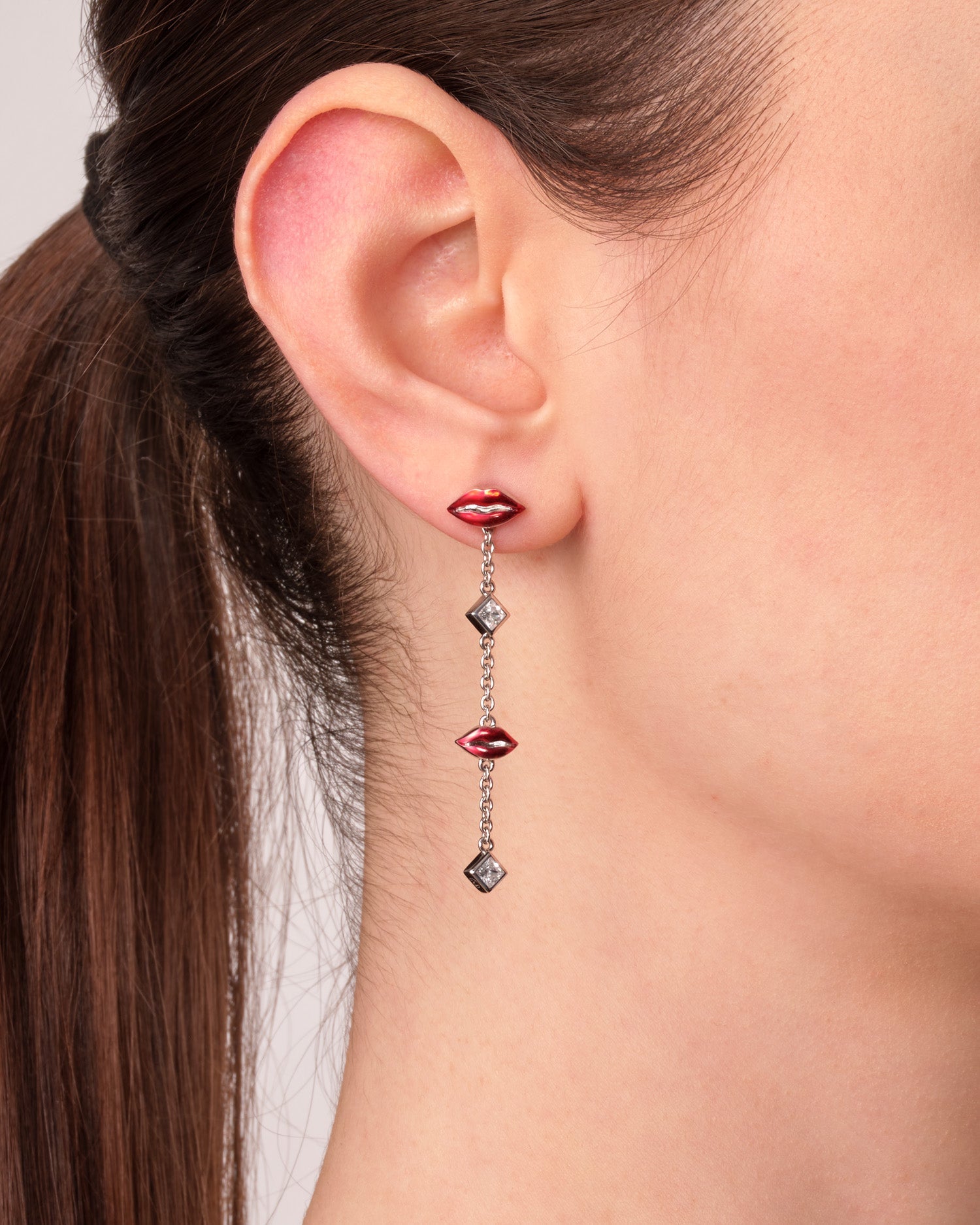 Silver Translucent Red Kiss Drop Earrings