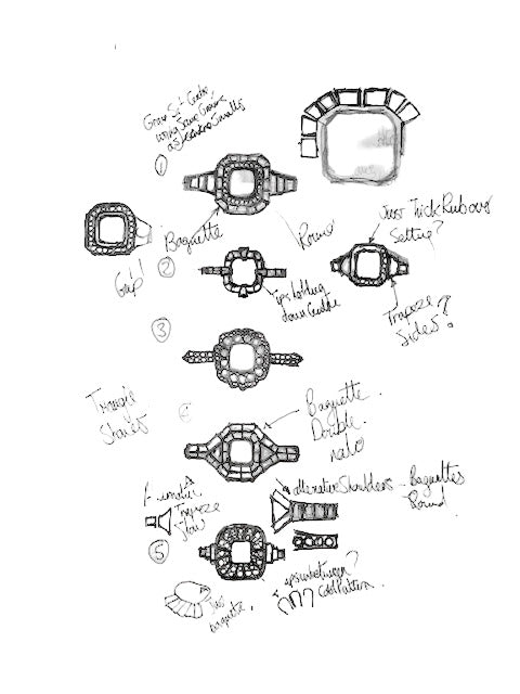 Technical drawings of jewelry settings on a white background